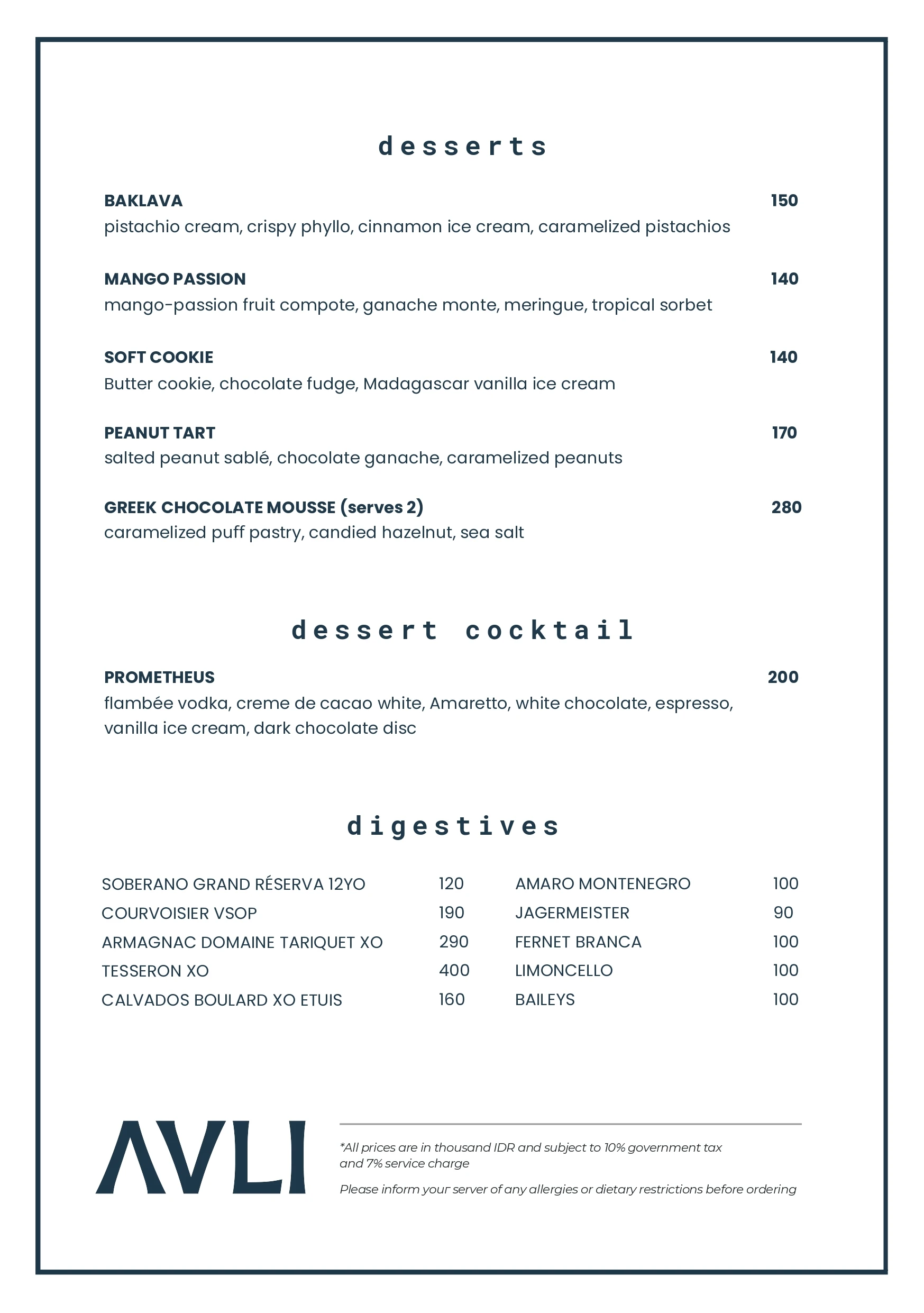 Dessert Menu Avlibali